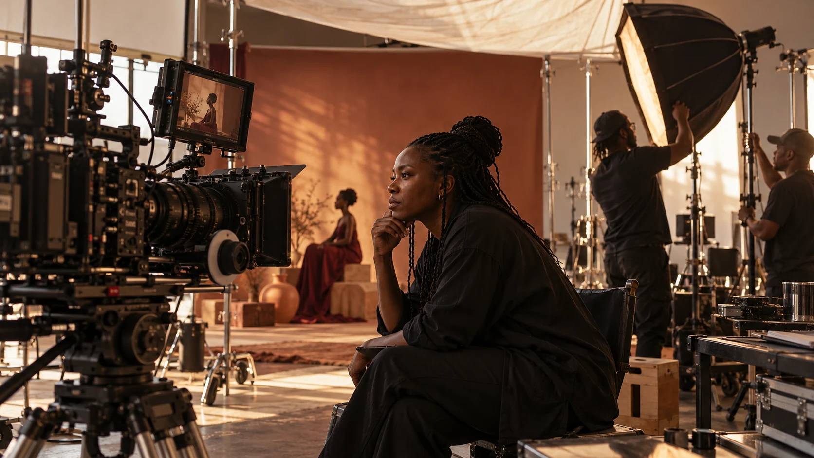 commercial film production with a director, cinema camera and studio crew